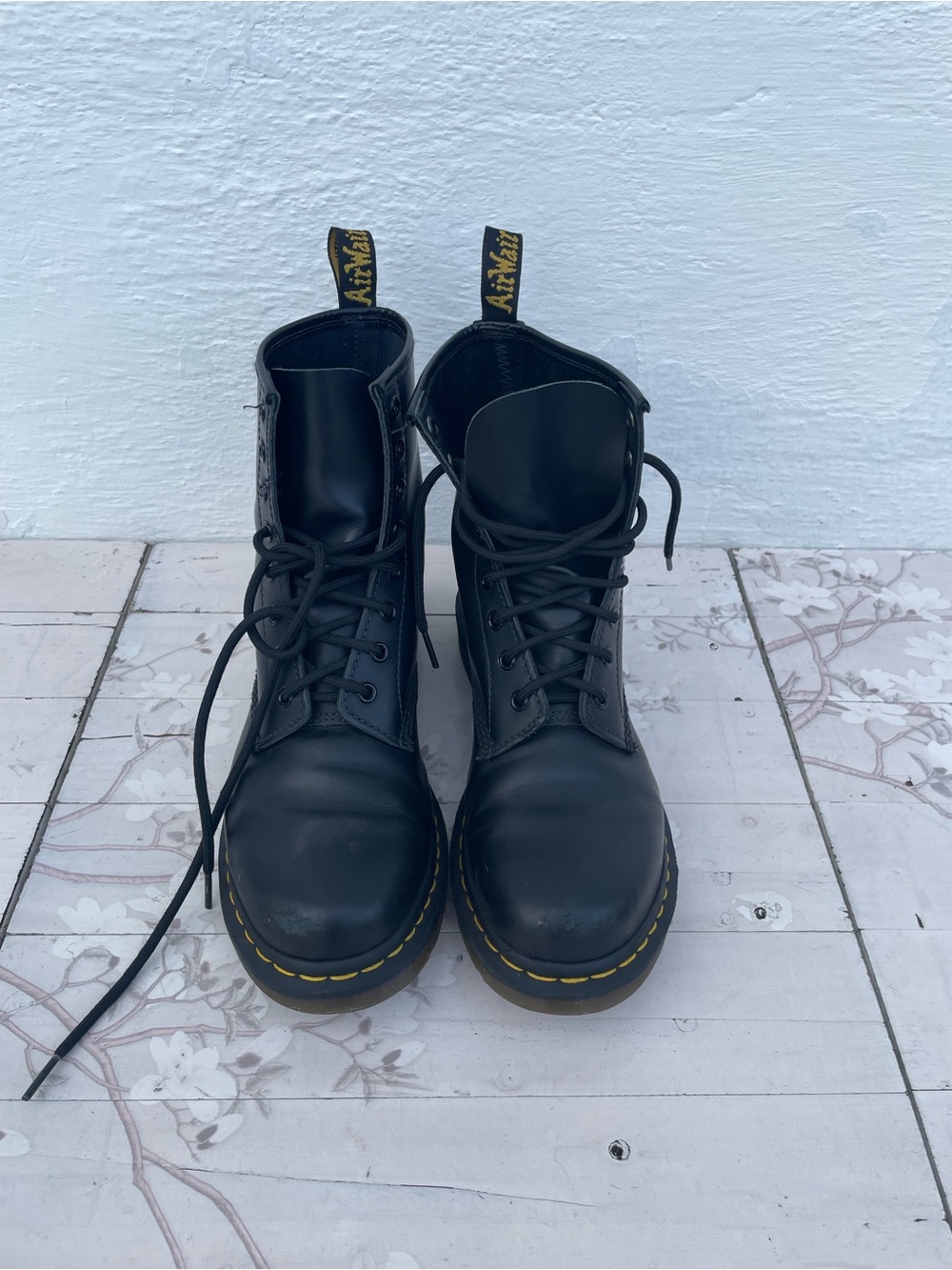 Dr. Martens Black Leather 8-Eye Lace-Up Boots with Yellow Stitching
